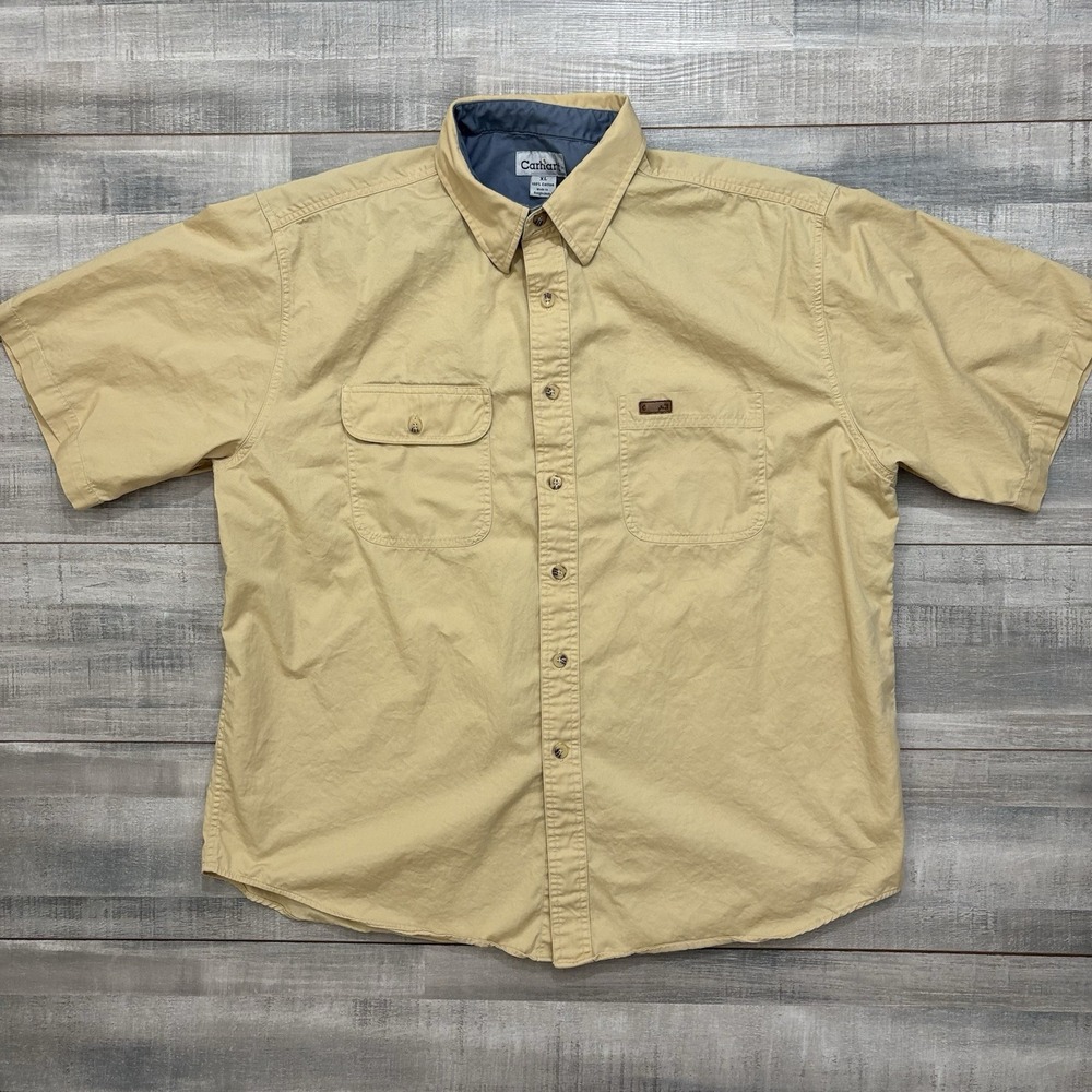 Carhartt Mens XL Cotton Hiking Fishing Hunting Workwear Short Sleeve Khaki Shirt